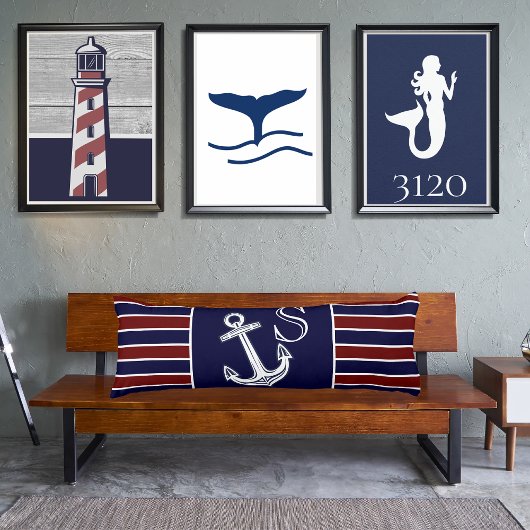Monogram Nautical Anchor Navy Blue maroon gestreep Lichaamskussen