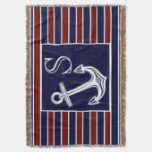 Monogram Nautical Anchor Navy Blue Maroon strepen Deken (Voorkant Verticaal)