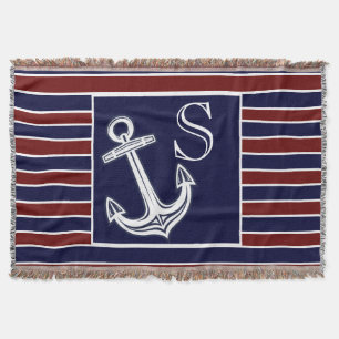 Monogram Nautical Anchor Navy Blue Maroon strepen Deken