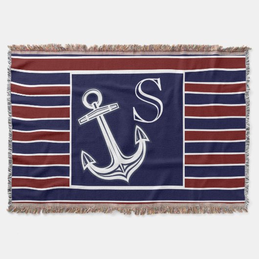 Monogram Nautical Anchor Navy Blue Maroon strepen Deken (Voorkant)