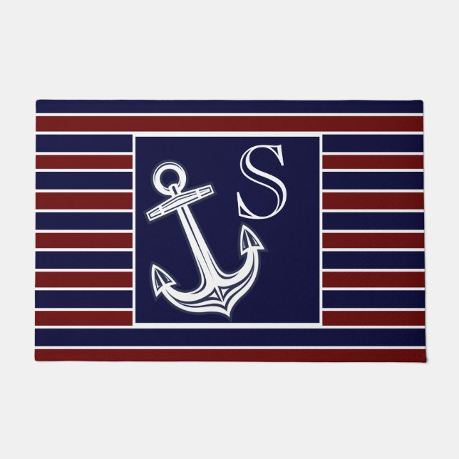 Monogram Nautical Anchor Navy Blue Maroon strepen Deurmat (Voorkant)
