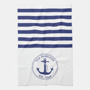 Monogram Nautical Anchor Navy Blue Stripes Family Theedoek