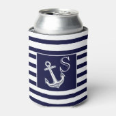 Monogram Nautical Anchor Navy Blue White strepen Blikjeskoeler (Blikje Voorkant)