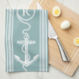 Monogram Nautical Anchor Rope Neutral Turquoise Theedoek