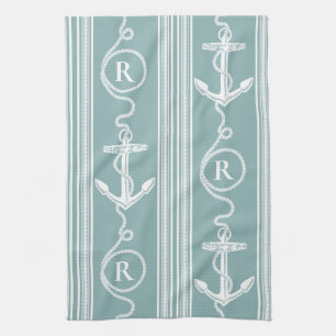 Monogram Nautical Anchor Rope Neutral Turquoise Theedoek