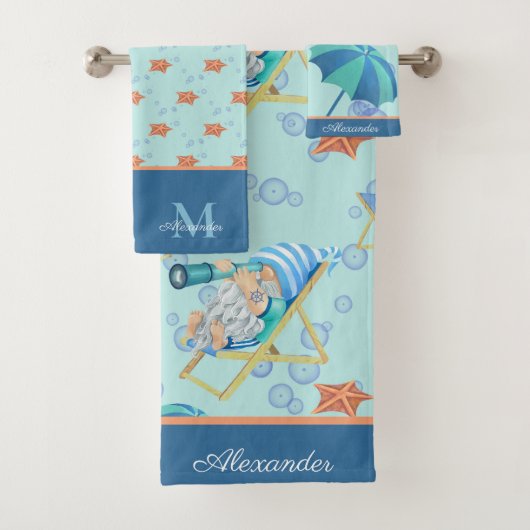 Monogram Nautical Beach Gnome Bleu Blanc garçon (En situation)