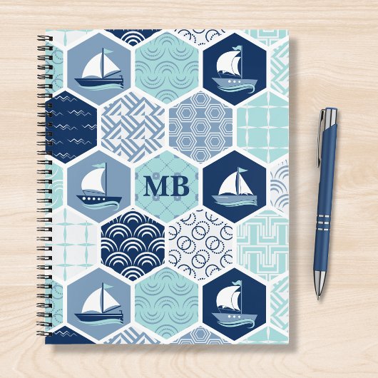 Monogram Nautical Modern Boat Blue Notitieboek