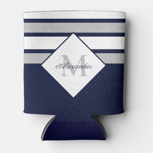 Monogram Nautical Modern Navy Blue Grey Stripes Blikjeskoeler (Voorkant)
