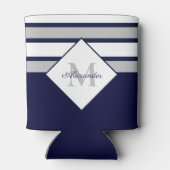 Monogram Nautical Modern Navy Blue Grey Stripes Blikjeskoeler (Achterkant)