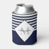 Monogram Nautical Modern Navy Blue Grey Stripes Blikjeskoeler (Blikje Voorkant)