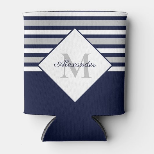 Monogram Nautical Modern Navy Blue Grey Stripes Blikjeskoeler (Voorkant)
