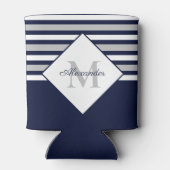 Monogram Nautical Modern Navy Blue Grey Stripes Blikjeskoeler (Achterkant)