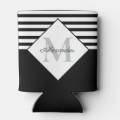 Monogram Nautical Modern Navy Blue Grey Stripes Blikjeskoeler (Achterkant)