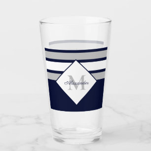 Monogram Nautical Modern Navy Blue Grey Stripes Glas