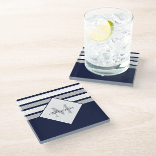 Monogram Nautical Modern Navy Blue Grey Stripes Glazen Onderzetter