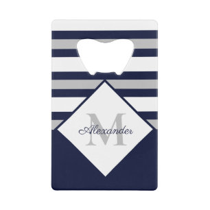 Monogram Nautical Modern Navy Blue Grey Stripes Kredietkaart Flessenopener
