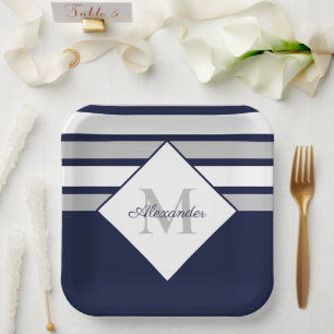 Monogram Nautical Modern Navy Blue Grey Stripes Papieren Bordje