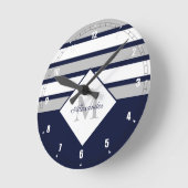 Monogram Nautical Modern Navy Blue Grey Stripes Ronde Klok (Hoek)