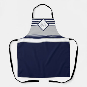 Monogram Nautical Modern Navy Blue Grey Stripes Schort