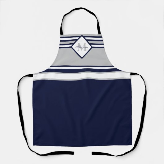 Monogram Nautical Modern Navy Blue Grey Stripes Schort (Voorkant)