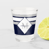 Monogram Nautical Modern Navy Blue Grey Stripes Shot Glas (Voorkant)