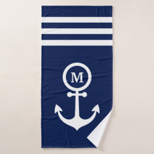 Monogram Nautical Navy Blue Anchor Stripes Custom  Badhanddoek