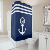 Monogram Nautical Navy Blue Anchor Stripes Custom Douchegordijn (In situ)