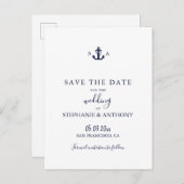 Monogram Nautical Navy Blue Anchor Wedding Aankondigingskaart (Voorkant / Achterkant)