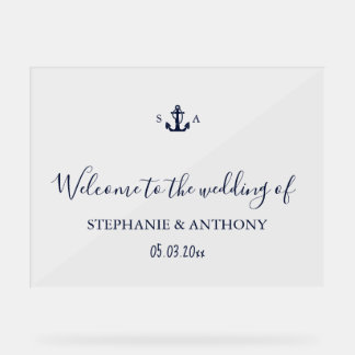 Monogram Nautical Navy Blue Anchor Wedding     Acryl Bord