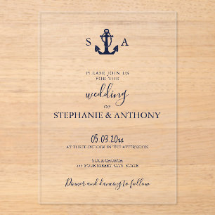 Monogram Nautical Navy Blue Anchor Wedding Acryl Uitnodigingen