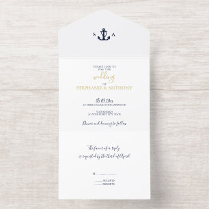 Monogram Nautical Navy Blue Anchor Wedding All In One Uitnodiging