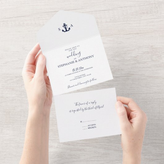 Monogram Nautical Navy Blue Anchor Wedding All In One Uitnodiging (Afscheurbaar)