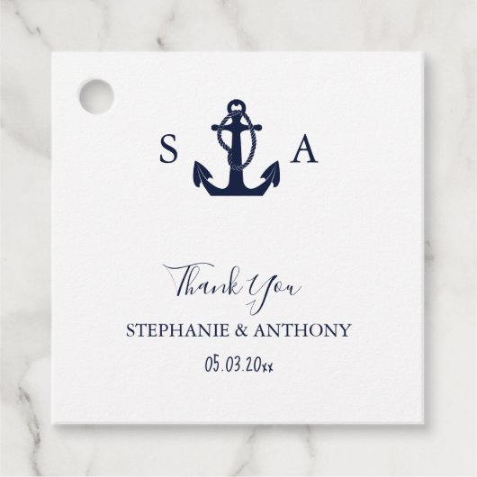 Monogram Nautical Navy Blue Anchor Wedding Bedankjes Labels (Voorkant)