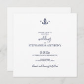 Monogram Nautical Navy Blue Anchor Wedding Kaart (Voorkant / Achterkant)