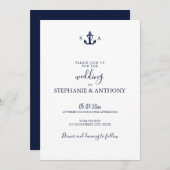 Monogram Nautical Navy Blue Anchor Wedding Kaart (Voorkant / Achterkant)