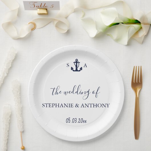 Monogram Nautical Navy Blue Anchor Wedding Papieren Bordje (Huwelijk)