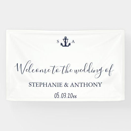Monogram Nautical Navy Blue Anchor Wedding Spandoek (Horizontaal)