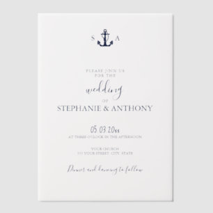 Monogram Nautical Navy Blue Anchor Wedding Vellum Uitnodigingen