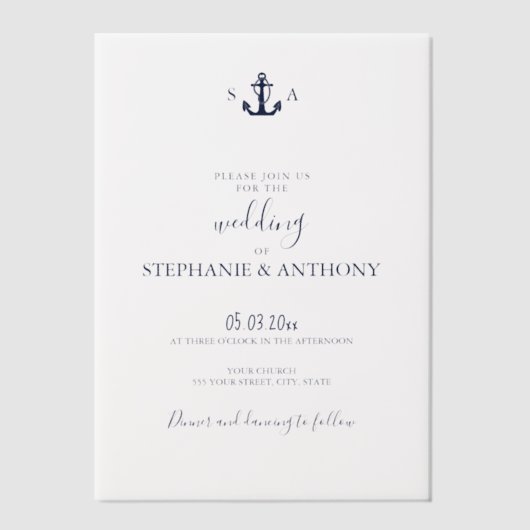 Monogram Nautical Navy Blue Anchor Wedding Vellum Uitnodigingen (Voorkant)