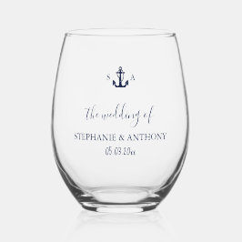 Monogram Nautical Navy Blue Anchor Wedding Wijnglas Zonder Voet