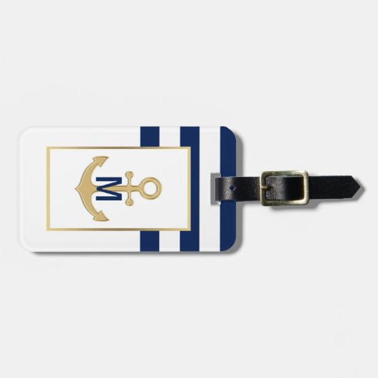Monogram Nautical Navy Blue Gold Anchor Bagagelabel (Voorkant horizontaal)
