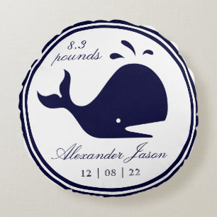 Monogram Nautical Navy Blue Whale White kust Rond Kussen