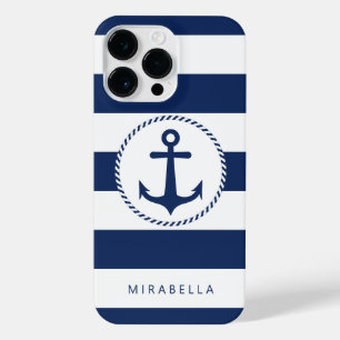 Monogram Nautical Navy Blue White Stripes Anchor iPhone 14 Pro Max Hoesje