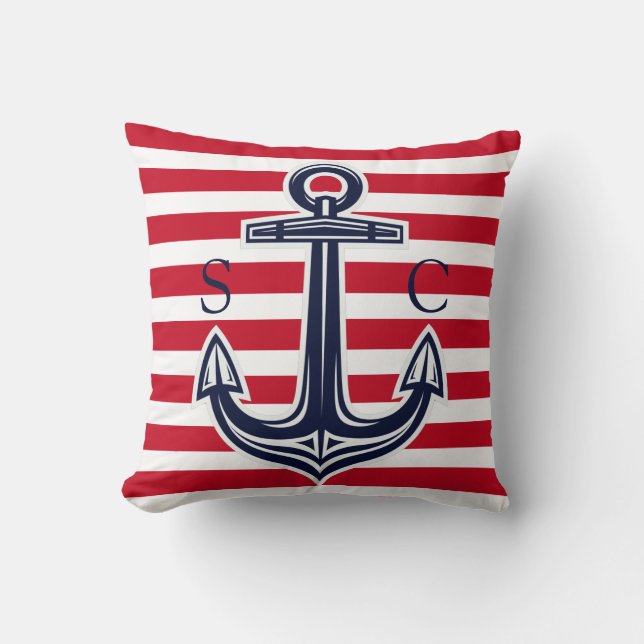 Monogram Nautical Red White Stripe Navy Anchor Kussen (Voorkant)