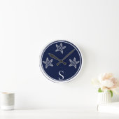 Monogram Nautical White Navy Blue Starfish Beach Ronde Klok (Huis)