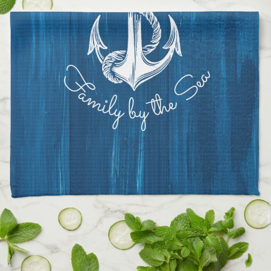 Monogram  Nautisch Anker Blauw Gedopt Hout Theedoek (Gevouwen)