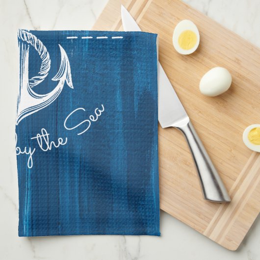 Monogram  Nautisch Anker Blauw Gedopt Hout Theedoek (Quarter Fold)