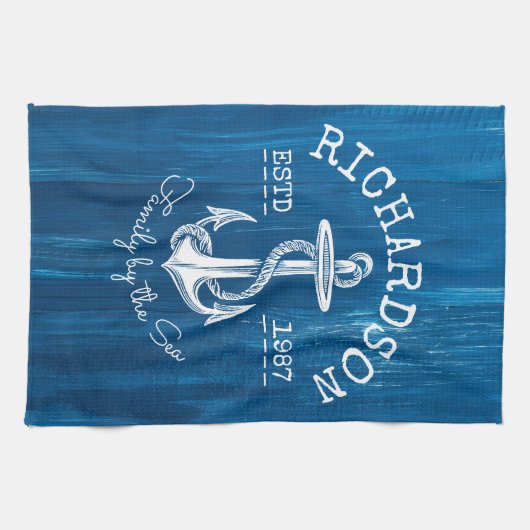 Monogram  Nautisch Anker Blauw Gedopt Hout Theedoek (Horizontaal)