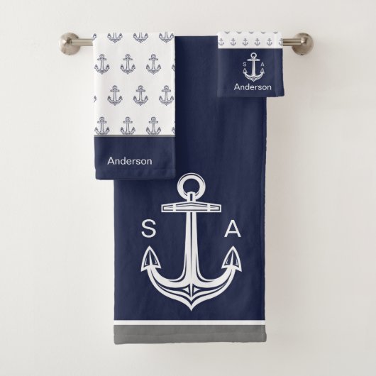 Monogram Nautisch Anker Blauw Wit Kust Bad Handdoek (Insitu)