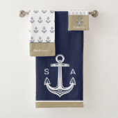 Monogram Nautisch Anker Blauw Wit Tan Kust Bad Handdoek (Insitu)